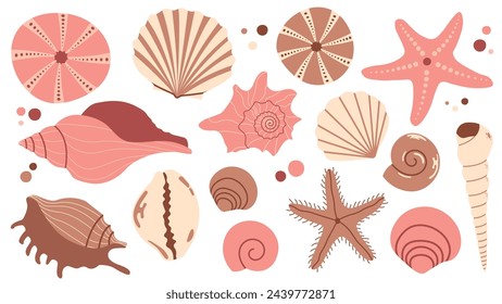 Conchas de mar, moluscos, estrellas de mar. Ilustración plana de moda de la colección de conchas marinas aisladas en blanco para pegatinas