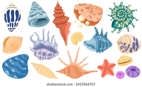 Conchas de mar, moluscos, estrellas de mar. Ilustración plana de moda de colección de conchas marinas aisladas en blanco para pegatinas.