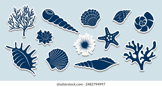 Sea shells silhouette sticker pack. Hand drawn blue seashell collection. Ocean sea life conch coral starfish. Marine underwater abstract animal. Summer Vector set for scrapbook