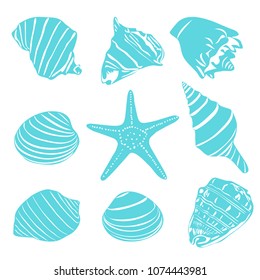 Sea shells silhouettes different types, vector, blue and white color, isolated on white background