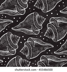 Sea shells sketches seamless pattern on a chalkboard background