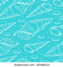 Sea shells sketches seamless pattern on a turquoise background