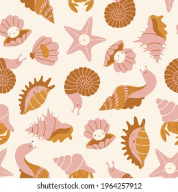 Sea shells, snails and starfish seamless pattern. Vector sea texture in cartoon style. Hand-drawn cute beach shells for baby fabric. Cute ocean repeated background.  Vector illustration