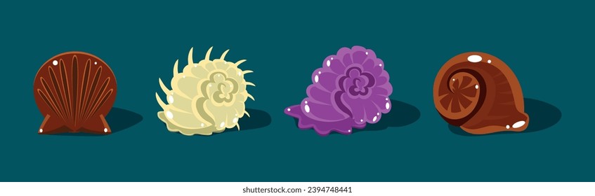 Sea Shells with Spiral Shape of Different Color Vector Set