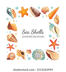 Sea Shells Square Frame, Seashells Border Template with Space for Text, Summertime Banner Vector Illustration