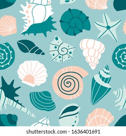 Sea shells and starfish blue seamless pattern. Cartoon style texture for textile, paper. Hand drawn doodle beach shells, mollusk. Cute ocean background. Abstract decorative flat vector illustration