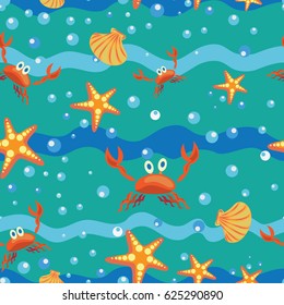 conchas marinas, pez estrella y cangrejos.Patrón sin problemas. Diseño para textiles, tapicerías, materiales de embalaje, papel con personajes de dibujos animados para niños, criaturas marinas.
