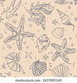 Conchas de mar, estrellas de mar, ilustración sin fisuras de moda. Patrón elegante de verano de moda. Impresión para papel de embalaje. textiles, preparación para diseñadores