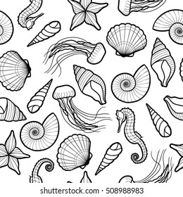 Sea shells, starfish, jellyfish and seahorse seamless vector pattern