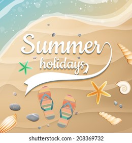 Sea shells, starfish on the beach. Summer holidays. plus EPS10 vector file
