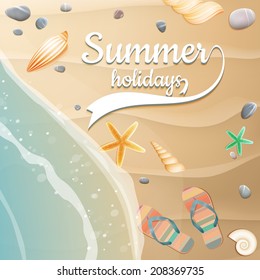 Sea shells, starfish on the beach. Summer holidays. plus EPS10 vector file
