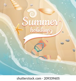 Sea shells, starfish on the beach. Summer holidays. plus EPS10 vector file
