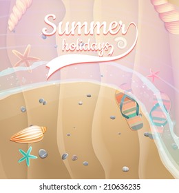 Sea shells, starfish on the beach. Summer holidays. plus EPS10 vector file