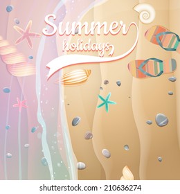 Sea shells, starfish on the beach. Summer holidays. plus EPS10 vector file