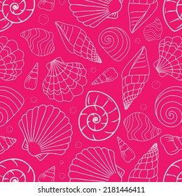 Las conchas marinas y el patrón de las estrellas de mar rosadas. Textura de estilo de contorno para textil, papel. conchas de playa de doodle dibujadas a mano, moluscos. El fondo marino. Resumen de ilustración de vector plano decorativo