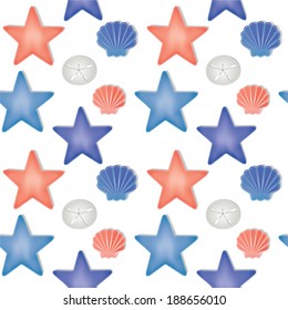 Sea shells and starfish seamless pattern on a transparent background, scrapbooking paper, vector format