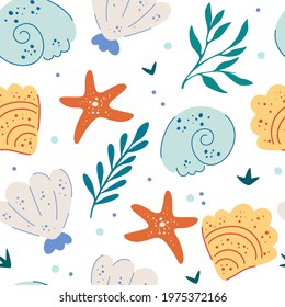 Sea shells and starfish seamless pattern. Cute ocean background. Fun underwater background, great for ocean themes, beach fabrics, summer textiles or background, wallpapers. Flat vector illustration