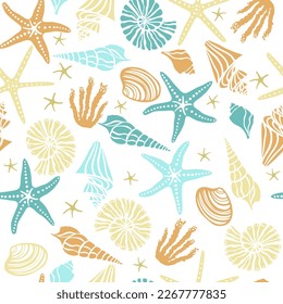 Sea shells and starfish seamless pattern. Cartoon style texture for textile, paper. Hand drawn doodle beach shells, mollusk. Cute ocean background. 