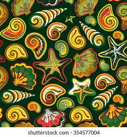 Sea shells starfish seamless pattern in colorful on green background. Vector sea backdrop.