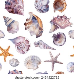 Sea shells and starfish vector seamless pattern, white background. Marine watercolor style design. Ocean shells, starfishes isolated.