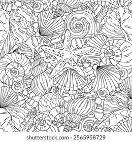 Sea shells and starfish.Coloring book antistress for children and adults. Illustration isolated on white background.Zen-tangle style. Hand draw