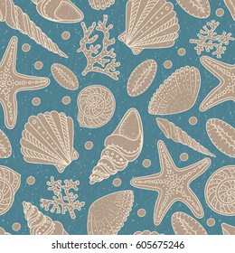 Sea shells, sea stars and corals seamless background. Vintage shabby seamless pattern for textile, print, wallpaper. Sea life pattern.