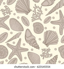 Sea shells, sea stars and corals seamless background. Vintage shabby seamless pattern for textile, print, wallpaper. Sea life pattern.