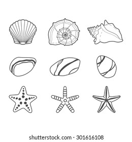 Sea shells, stars and stones vector icon set isolated on a white background