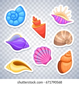 Sea shells stickers vector set. Colored cockleshell sea, illustration of sticker sea shell