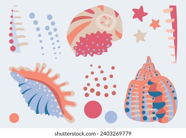 Sea shells and themed elements. Bright vector drawings on a light background	
