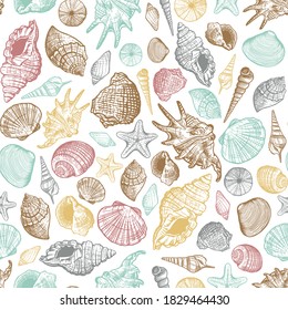 Sea shells trendy color vector seamless pattern. Realistic hand drawn marine background with nature ocean aquatic mollusk shell