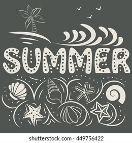 Sea shells. Typography art. Summer Print for T-shirts and bags, poster, flyer, cover, brochure. Template for design. Background.
