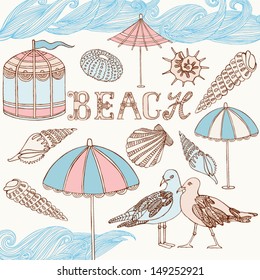 Sea shells, umbrellas, and gulls on the beach. Calligraphic design element. Vector illustration. Summer holidays.