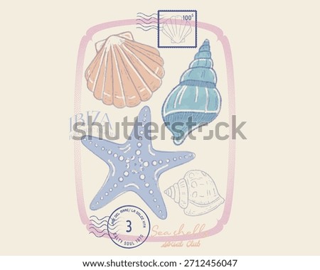 Sea Shells vector graphics. vintage retro sea shells star. beach graphic tees. vintage ibiza islands typography slogan. its a t-shirt design, sweatshirt graphics for women's girls graphics