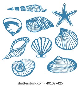 Sea shells vector monochrome isolated clip art set