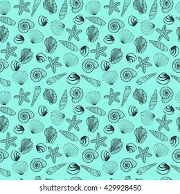 Sea shells vector monochrome pattern seamless background