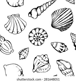 Sea shells vector monochrome seamless pattern texture background 