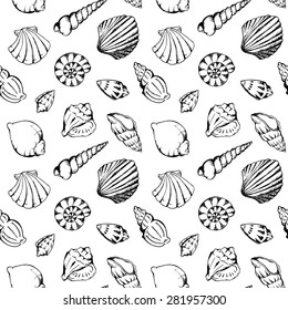 Sea shells vector monochrome seamless pattern texture background