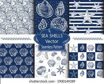 Sea shells Vector Seamless Pattern Set, Wallpaper, Abstract Blue and white background