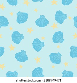 Sea shells vector seamless pattern with starfish on a blue background