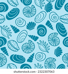 Sea shells vector seamless pattern. Summer beach hand-drawn doodle seaside print. 