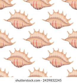Sea shells vector seamless pattern, mollusks. Flat illustration of seashell. 