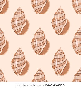 Sea shells vector seamless pattern, mollusks. Flat illustration of seashell.	