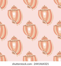 Sea shells vector seamless pattern, mollusks. Flat illustration of seashell.	