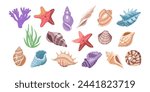 Sea shells vector set, mollusks, corals, algae, starfish. Flat illustration of various seashells on white background. Collection for stickers.	