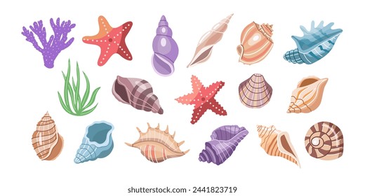 Conchas de mar vector conjunto, moluscos, corales, algas, estrellas de mar. Ilustración plana de varias conchas marinas sobre fondo blanco. Colección para pegatinas.	