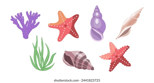 Conchas de mar vector conjunto, moluscos, corales, algas, estrellas de mar. Ilustración plana de varias conchas marinas sobre fondo blanco. Colección para pegatinas.	