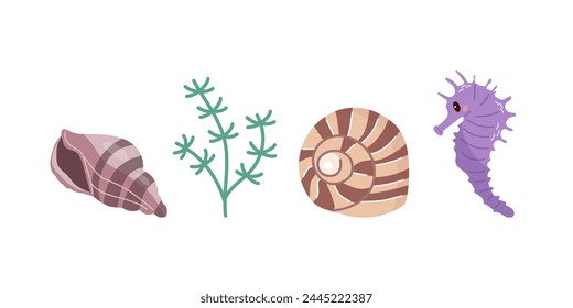 Conchas de mar Vector conjunto, moluscos, algas, caballito de mar. Ilustración plana de varias conchas marinas sobre fondo blanco. Colección para pegatinas.	