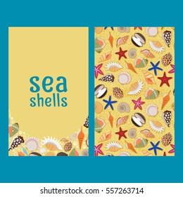 Sea shells vector vecrtical flyers or brochures with yellow background.