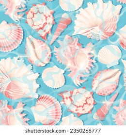 Sea shells and water glare seamless pattern